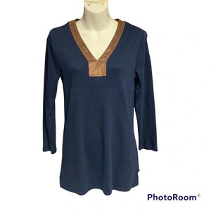 Lauren Ralph Lauren blue/brown v neck top size M trim is a suede type material